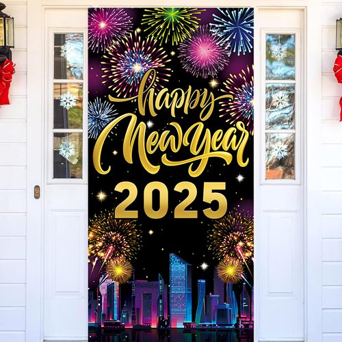 2025 Happy New Year Door Banner Cover Decorations, New Year Eve Door Cover Fireworks New Year City View 2025 NYE Party Decorations