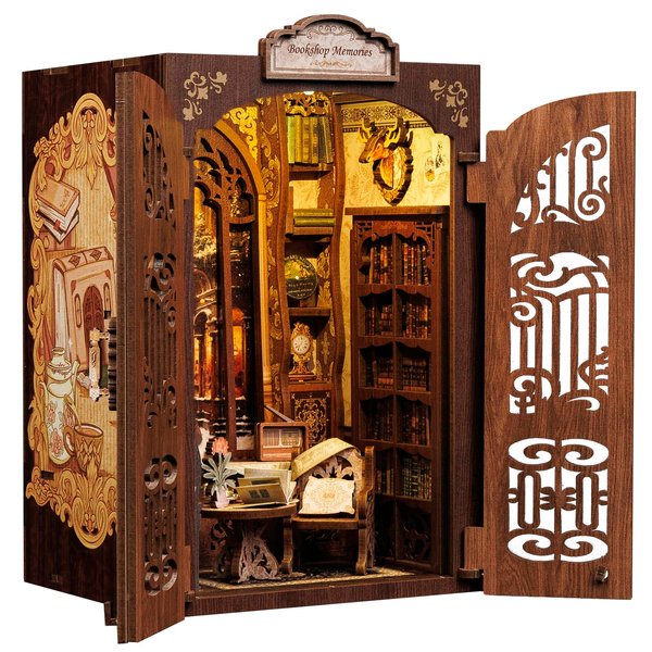 CUTEBEE DIY Book Nook Kit for Adults and Teens, DIY Wooden Miniature Tiny House Dollhouse Kit Bookshelf Booknook Bookcase Model Build Gift Kit Decor Alley with LED Light