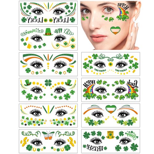 St Patricks Day Tattoos, 10 Sheets of St Patricks Day Face Stickers for Kids, Shamrock Temporary Tattoos Adult, St Patricks Day Decorations Accessories, Irish Stickers Green Face Tattoo Kit