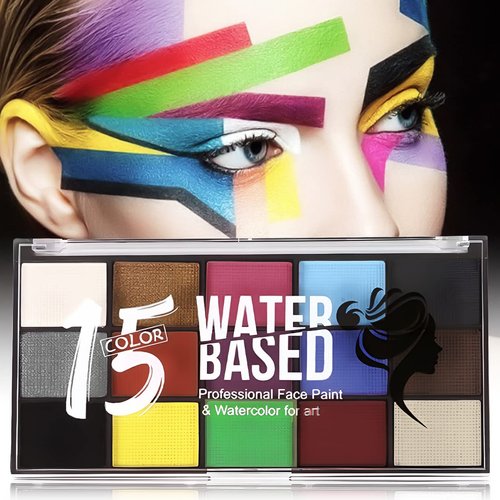 Face Painting Kit with Stencils, 15 Colors Water Based Painting Palette 12 Brushes and 6 Stickers Body Paint Face Makeup for Halloween Carnivals Cosplay Party Stage Performances