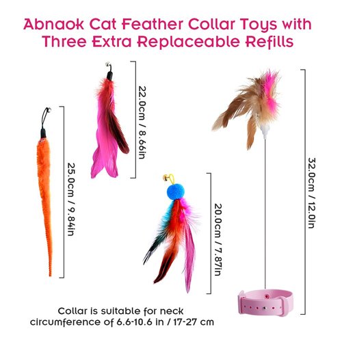 Abnaok Cat Feather Collar Toys, Interactive Cat Toys for Indoor Cats Teasing Wand Collar Funny Cat Toy with Bell and Replaceable 3 Feathers Refills Multiple Ways for Cats to Play