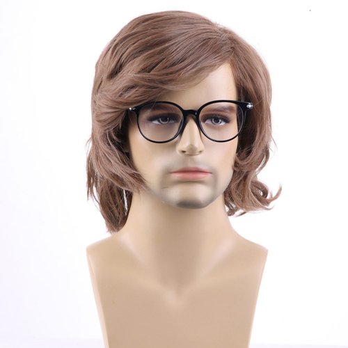 RightOn Shaggy Wig Men Short Wavy Brown Wig 60s 70s Male Rocker Costume Wig for Halloween Cosplay Party Glasses Not Include
