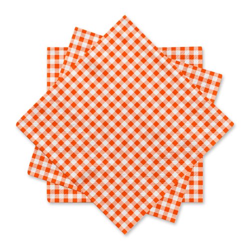 Gatherfun Disposable Paper Napkins 3-ply Orange and White Gingham Beverage Napkins for Dinner, Picnic, Birthday Party（6.5X6.5 in, 50-Pack)