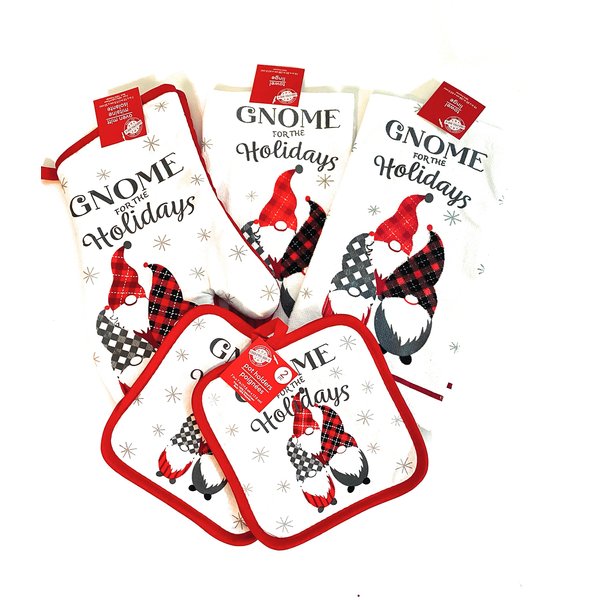 Greenbrier International Gnomes for The Holidays. 5 Piece Christmas Kitchen Set. 2 Kitchen Towels, 2 Pot Holders, and 1 Oven mitt!