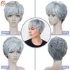 Creamily Short Grey Wigs Pixie Cut Wigs with White Bangs Straight Layered Synthetic Hair Placement Wigs for Women Halloween Costume Wigs (Grey Mixed White with White Bangs)