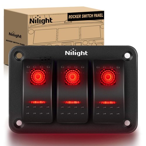Nilight - 90019C 3 Gang Aluminum Rocker Switch Panel Toggle Dash 5 Pin ON/Off Pre-Wired Rocker Switch Red Backlit Switch for Automotive Car Marine Boat RV,2 Years Warranty