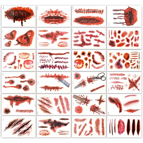25 Sheets Halloween Zombie Temporary Tattoos, NEDEQI Plus-Size Scar Fake Blood Tattoos Waterproof Realistic Stitches Wound Temp Sticker for Zombie Makeup Chucky SFX Cosume Prank Cosplay Kids Men Women