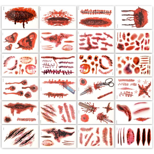 25 Sheets Halloween Zombie Temporary Tattoos, NEDEQI Plus-Size Scar Fake Blood Tattoos Waterproof Realistic Stitches Wound Temp Sticker for Zombie Makeup Chucky SFX Cosume Prank Cosplay Kids Men Women