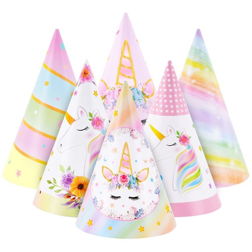 WERNNSAI Unicorn Party Supplies - 12 Pcs Colorful Cone Headbands, Art Craft Paper Hats for Girls Princess Dress-up Theme Decorations