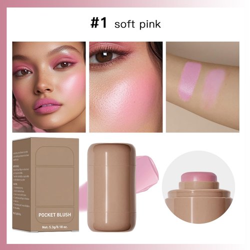 Cream Blush stick, Natural-Looking Matte Finish Makeup Blush stick, Hydrating Long Lasting Lightweight Blendable Blush for cheeks (#1 Soft Pink, 1 PC)