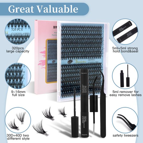 Smietu Lash Clusters Kit, 320pcs Lashes,30D 40D Curl 9-16mm MIX Eyelashes, Eyelash Extension Kit, Lash Bond and Seal, DIY Lash ExtensionKit (30D+40D-0.07D-9-16MIX Kit)