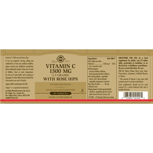 Solgar Vitamin C 1500 mg with Rose Hips - 90 Tablets - Antioxidant & Immune Support - Non-GMO, Vegan, Gluten Free, Dairy Free, Kosher - 90 Servings