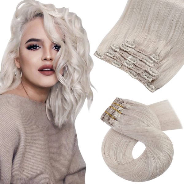Moresoo Blonde Hair Extensions Clip in Human Hair 12 inch White Blonde Clip in Hair Extensions Real Human Hair Double Weft Human Hair Clip in Exensions Blonde #60A 7pcs/120g