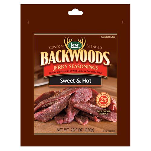 LEM Products Backwoods Sweet & Hot Jerky Seasoning, Ideal for Wild Game and Domestic Meat, Seasons Up to 25 Pounds of Meat, 28.9 Ounce Packet with Pre-Measured Cure Packet Included