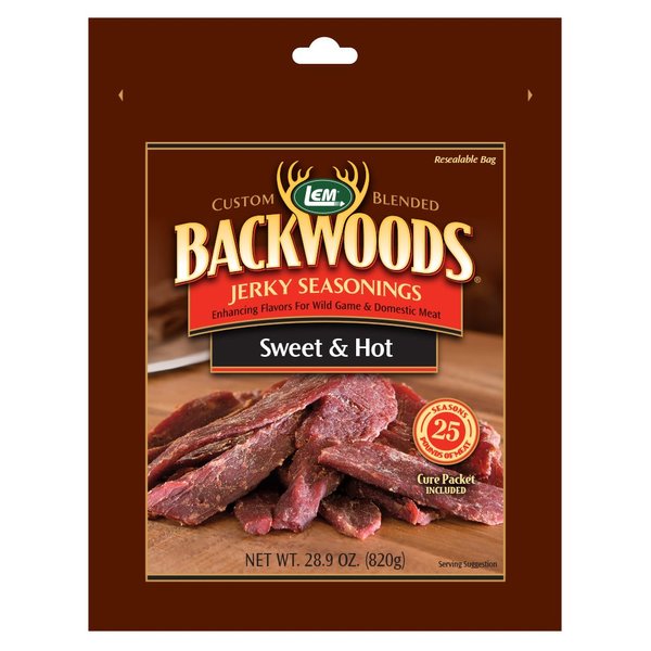 LEM Products Backwoods Sweet & Hot Jerky Seasoning, Ideal for Wild Game and Domestic Meat, Seasons Up to 25 Pounds of Meat, 28.9 Ounce Packet with Pre-Measured Cure Packet Included