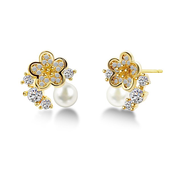 Hypoallergenic Pearl Earrings, Tiny Flower Stud Earrings 14K Gold Plated Lightweight Silver Post Flat Back Earrings for Women Jewelry Gifts
