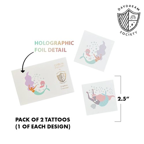 Daydream Society Under the Sea - Temporary Tattoos - Mermaid Design - Kids Tattoos in Pastel Colors and Holographic Foil Pattern - Pack of 2 Temporary Tattoos - For Birthdays, Mermaid Parties and more