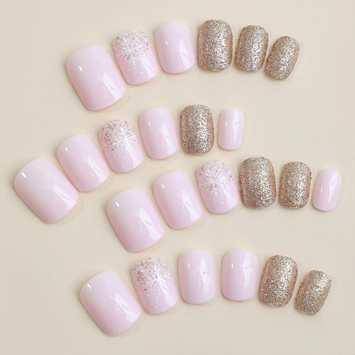 Christmas Press on Nails Square Short Fake Nails Pink False Nails With Snowflake Designs Glitter Full Cover Stick on Nails Acrylic Xmas Winter Artificial Nails Glue on Nails for Women 24Pcs