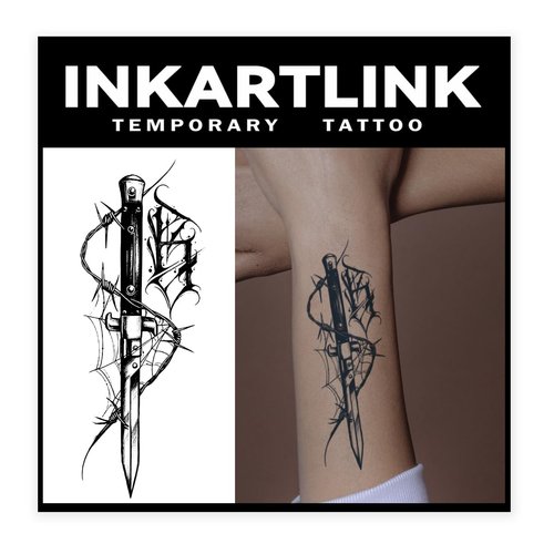 INKARTLINK Tattoo Tech, 2 Sheets Medium Semi Permanent Tattoo, Adult Art Design Temporary Tattoos, Lasts 1-2 Weeks, Waterproof, Realistic Look, No Adhesive, No Reflection (Dagger Design)