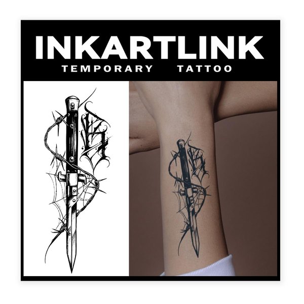 INKARTLINK Tattoo Tech, 2 Sheets Medium Semi Permanent Tattoo, Adult Art Design Temporary Tattoos, Lasts 1-2 Weeks, Waterproof, Realistic Look, No Adhesive, No Reflection (Dagger Design)
