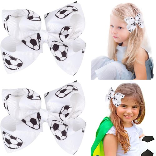 Jeffan 2 Pieces Soccer Hair Clips, 4inch Sports Hair Bow, Grosgrain Ribbon Bow Hair Accessories for Girl Player School Team Football Birthday Party (White, 2 Count)