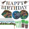 Poqirzan 98PCS Dinosaur Birthday Party Supplies Dinosaur Party Tableware Set Dinosaur Theme Birthday Party Decoration for Boys Girls Dino Paper Plates and Napkins Dinnerware Tablecloth Banner Serve 16