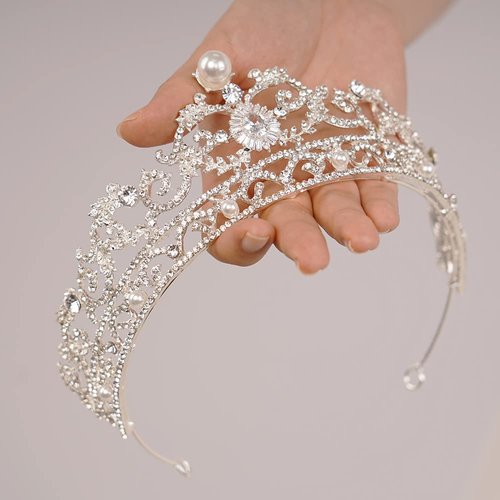 JWICOS Pearl Tiara and Crown for Women Crystal Silver Crown Rhinestone Tiara for Girls Bride Wedding Hair Accessories for Bridal Birthday Party Prom