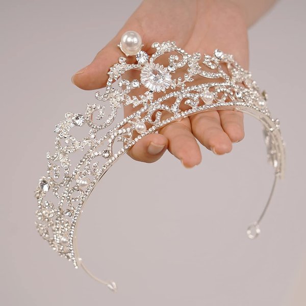 JWICOS Pearl Tiara and Crown for Women Crystal Silver Crown Rhinestone Tiara for Girls Bride Wedding Hair Accessories for Bridal Birthday Party Prom
