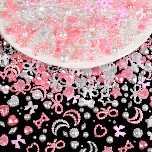 600Pcs 3D Multi Shapes Nail Charms - White&Pink Mix Styles Stars Bowknots Heart Pearls for Nail Art DIY Crafts Design Accessories Nail Supplies(White&Pink)