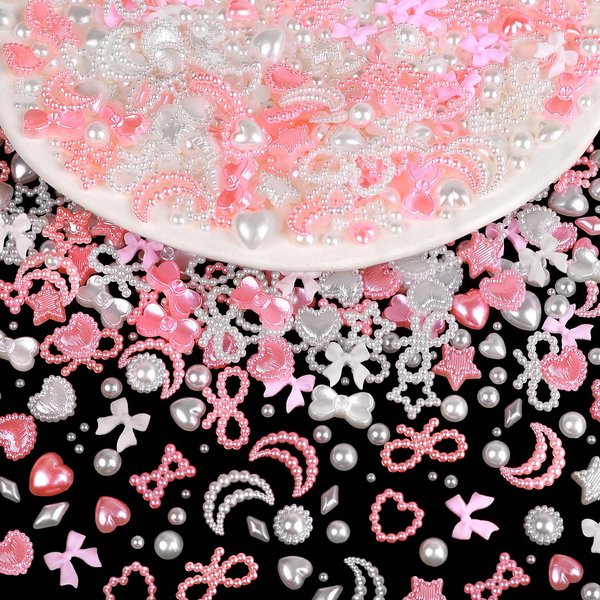 600Pcs 3D Multi Shapes Nail Charms - White&Pink Mix Styles Stars Bowknots Heart Pearls for Nail Art DIY Crafts Design Accessories Nail Supplies(White&Pink)