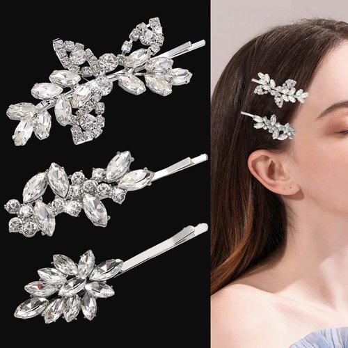 3 Pieces Rhinestone Bridal Hair Clip Leaf Wedding Hair Pins Crystal Hair Clips Rhinestone Jewelry Barrette Elegant Hair Accessories for Brides Bridesmaids Flower Girls (3Style, Silver)