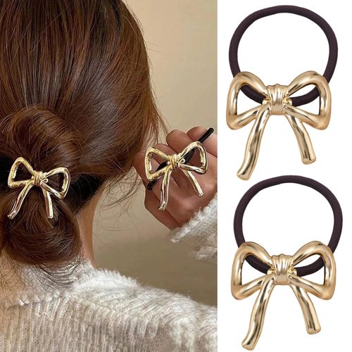 2 Pcs Gold Bow Hair Ties Bow Ponytail Holder Elastic Hair Ties Metal Bowknot Hair Ropes Fashion G...