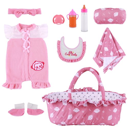 BABESIDE 10 Pcs Reborn Baby Doll Clothes and Accessories Set with Bassinet for 17-22 Inch Dolls, Baby Doll Clothing with Doll Bottles Doll Pacifier for Newborn Dolls Girls, Pink & Bean Paste Color