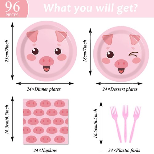 96 Pcs Pig Birthday Tableware Set Pink Pig Plates Napkins Farm Animal Party Decorations Piggy Dinnerware with Piglet Party Supplies for Cartoon Pig Girls Birthday Tableware Kit Party Favor 24 Guests
