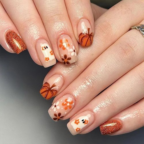 24Pcs Halloween Press on Nails Short Square Fake Nails Cute Ghost with Flower Design False Nails Glitter Pumpkin French Tip Glue on Nails Yellow Glossy Full Cover Artificial for Women Decorations Tips