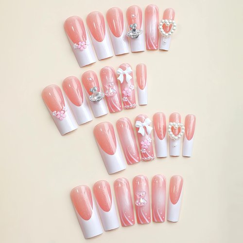 IMSOHOT Long Press on Nails Square French Tips Fake Nails Glossy Acrylic Full Cover Pink Glue on Nails Cute Bow Flower Designs 3D Bear Planet Charms Artificial Nails for Women 24Pcs