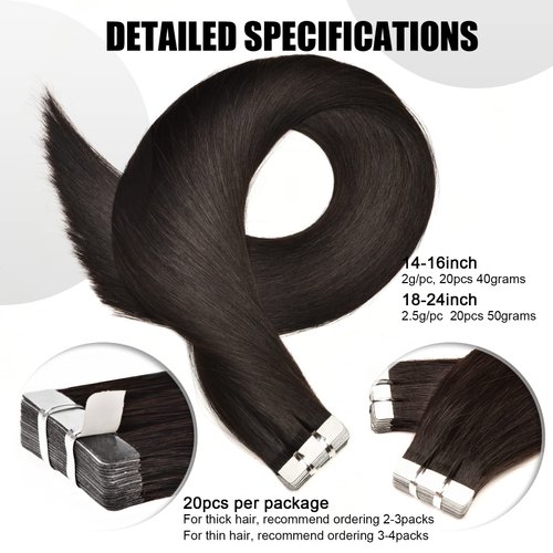 Senmy Tape in Extensions Human Hair 16inch Natural Black Tape in Hair Extensions Real Human Hair 40g/Pack Silky Straight Tape in Human Hair For Black Women (#1B Natural Black, 16 Inch)