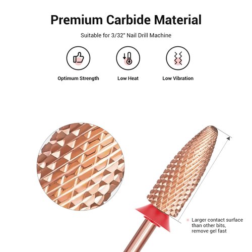 MelodySusie Long Flame Nail Drill Bits, 3/32'' Carbide Tungsten Bits, Suitable for Manicure Pedicure Cuticle Gel Polishing, Beginners Bits, Rose Gold, Series Bit-X, Fine