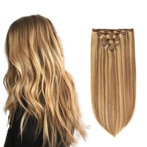 5 Pieces 12&quot; Remy Clip in Ombre Hair Extensions Human Hair Light Blonde Mixed Golden Blond Highli...