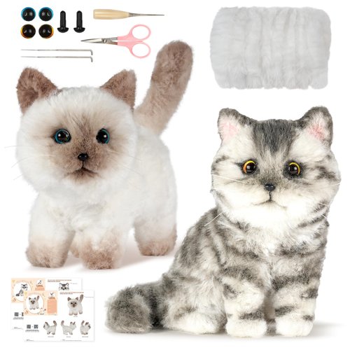 Plush Animal Toy Set,Pipe Cleaners Craft，Pipe Cleaner Animal kit，Doll Making Kits, Step-by-Step Video tutorials, Pipe Cleaner Kits, Crafting Supplies,2 Cats