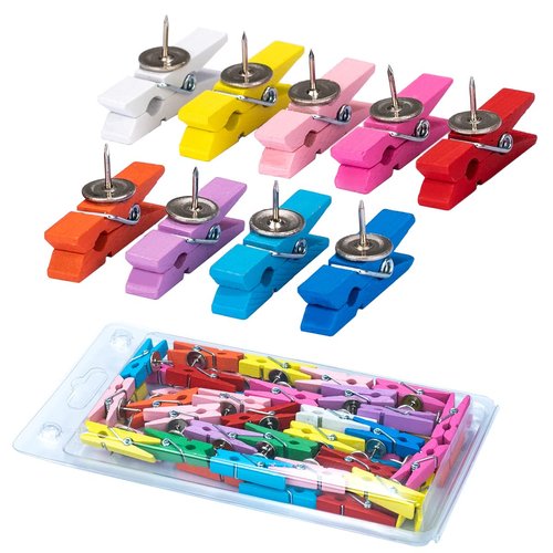 Push Pin Clips for Cork Board, 60 Pcs Colorful Push Pins with Wooden Clips Decorative Assorted Colors Thumbtack Pushpins Tacks for Bulletin Board Decorations, Artworks, Notes, Photos, Office and Home