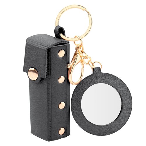 Beautyflier Lipstick Organizer Keychain Chapstick Case with Mirror for Women, Portable Lipstick Leather Holder Lip Gloss Bag Lip Balm Case for Travel, Party, Holiday Gifts (Black, Round)
