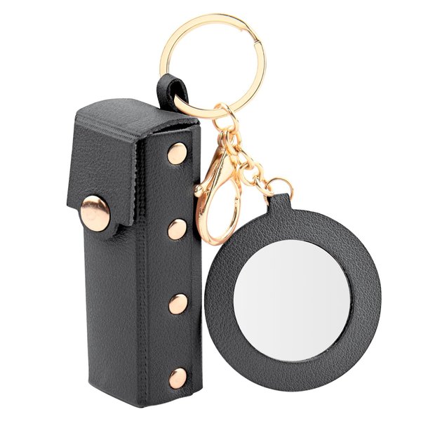 Beautyflier Lipstick Organizer Keychain Chapstick Case with Mirror for Women, Portable Lipstick Leather Holder Lip Gloss Bag Lip Balm Case for Travel, Party, Holiday Gifts (Black, Round)