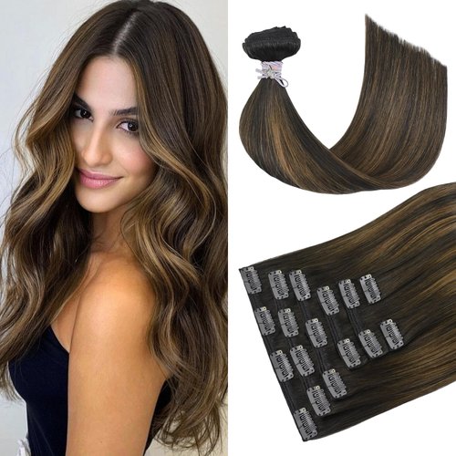 HUAYI Hair Extensions Clip in Human Hair Ombre Dark Brown to Chestnut Brown 120g Seamless Clip in Hair Extensions Remy Thick Hair Extensions for Full Head(14In 7pcs)