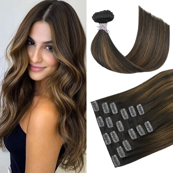 HUAYI Hair Extensions Clip in Human Hair Ombre Dark Brown to Chestnut Brown 120g Seamless Clip in Hair Extensions Remy Thick Hair Extensions for Full Head(14In 7pcs)