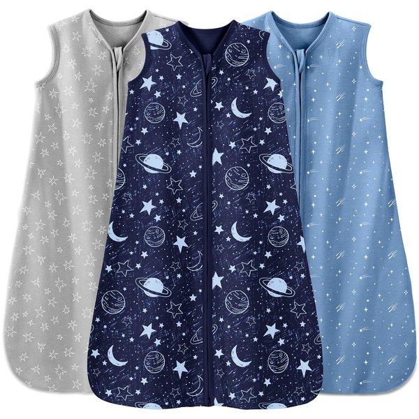 Unnivoll Baby Sleep Sack 6-12 Months 3 Pack 100% Cotton Lightweight 0.5 TOG Wearable Blanket Baby Sleep Bag with 2-Way Zipper for Newborn Infant Blue