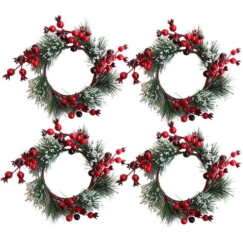 ChezMax Candle Rings Berry Tea Light Ring Small Candle Wreaths Berry Candle Holder Table Decoration for Christmas Valentine's Day Thanksgiving Day Dinner Party Wedding Diameter 4" 4 PCS