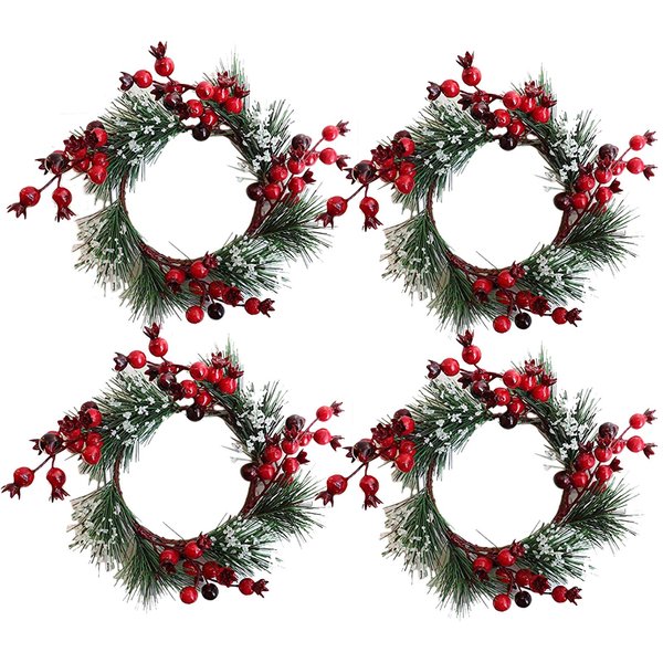 ChezMax Candle Rings Berry Tea Light Ring Small Candle Wreaths Berry Candle Holder Table Decoration for Christmas Valentine's Day Thanksgiving Day Dinner Party Wedding Diameter 4" 4 PCS