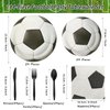 FULJOOY 144 Pcs 3D Soccer Party Supplies Paper Soccer Plates and Napkins Dinnerware Set Tableware Supplies Includes Paper Plates Napkins Forks Serve 24 for Birthday Sports Soccer Party decorations
