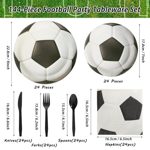 FULJOOY 144 Pcs 3D Soccer Party Supplies Paper Soccer Plates and Napkins Dinnerware Set Tableware Supplies Includes Paper Plates Napkins Forks Serve 24 for Birthday Sports Soccer Party decorations